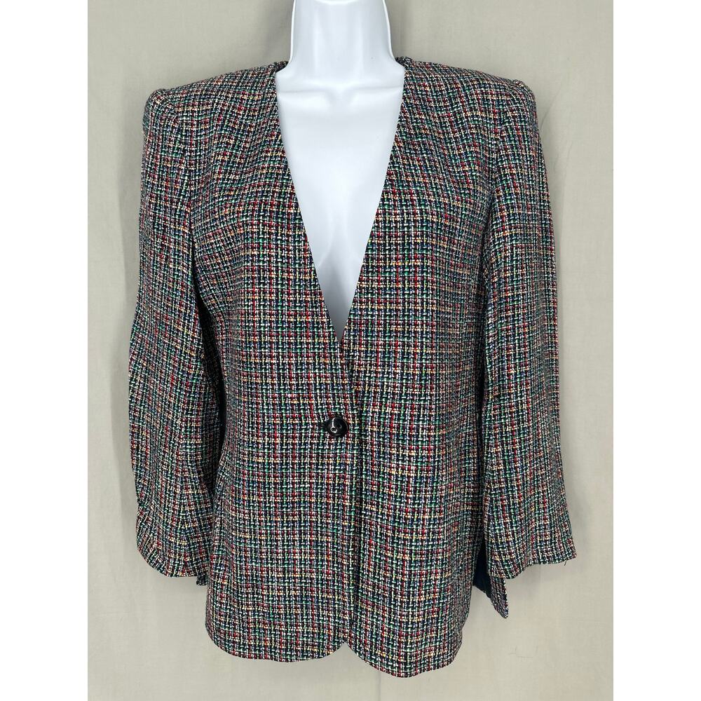 90s Vintage Jacket Womens Small Black Plaid Tweed Blazer Button Primary Colors